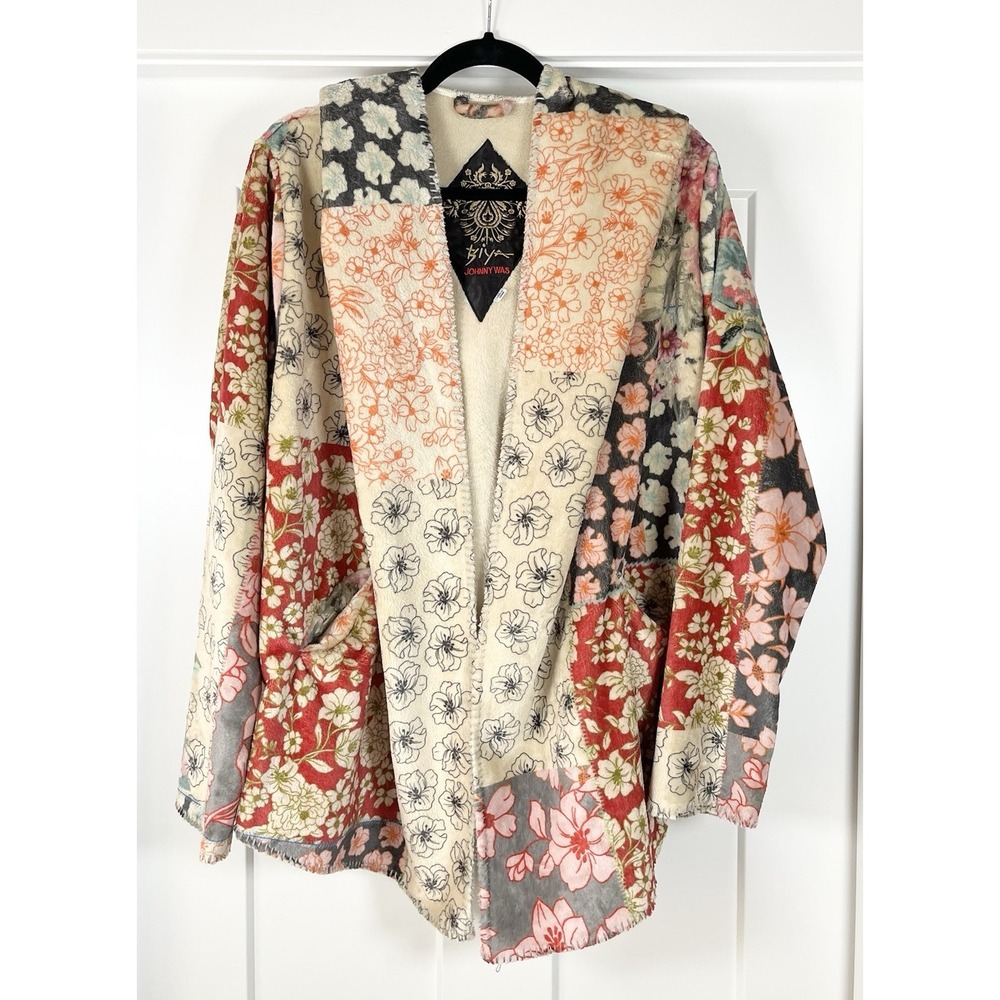 Johnny Was Biya Block Sherpa Jacket Women M Patchwork Floral Hoodie Cardigan